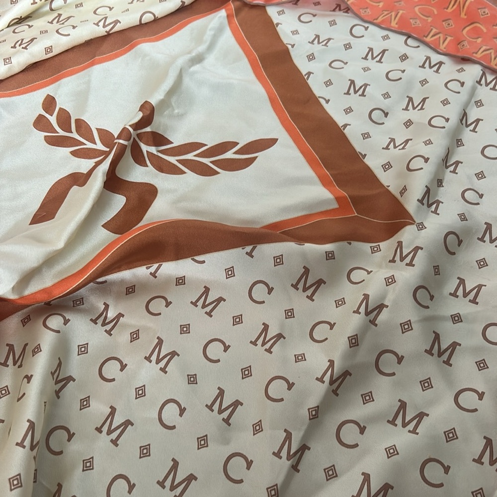 MCM Cream and Orange Logo Silk Scarf - Picture 3 of 6